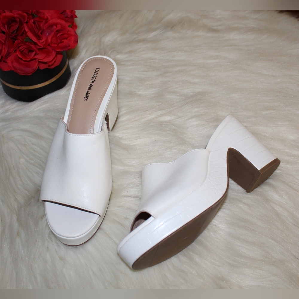 Elizabeth & James Chic White Faux Leather Open Toe Platform Clogs Mules Heels - Picture 13 of 16